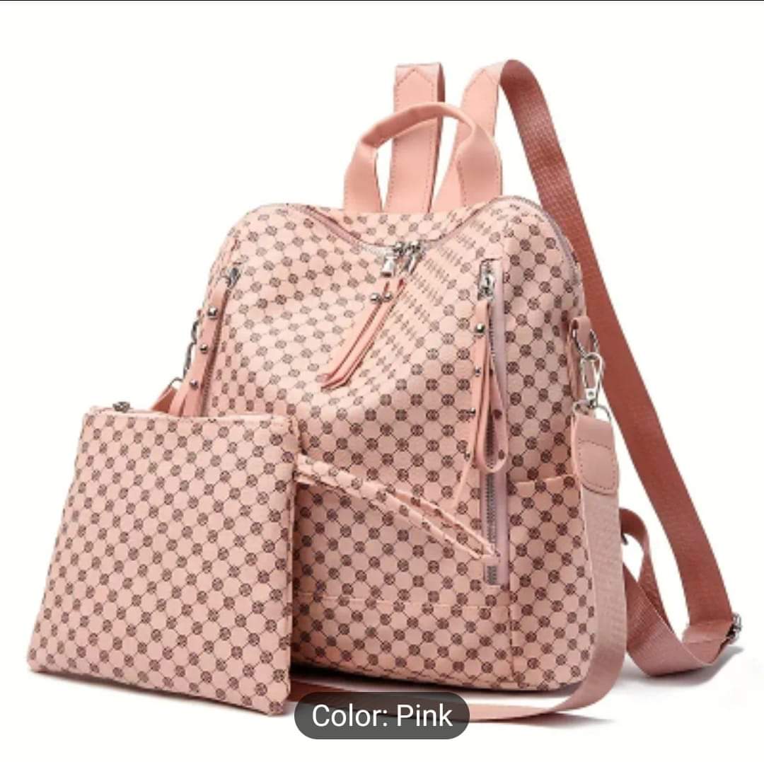 2 Piece Pink Printed Backpack Purse