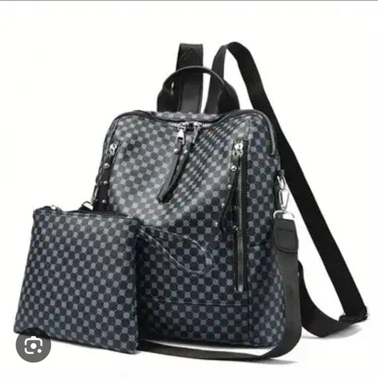 2 Piece Black Printed Backpack Purse