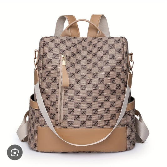 Tan Printed Backpack Purse