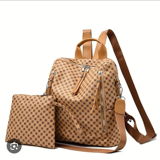 2 Piece Tan Printed Backpack Purse