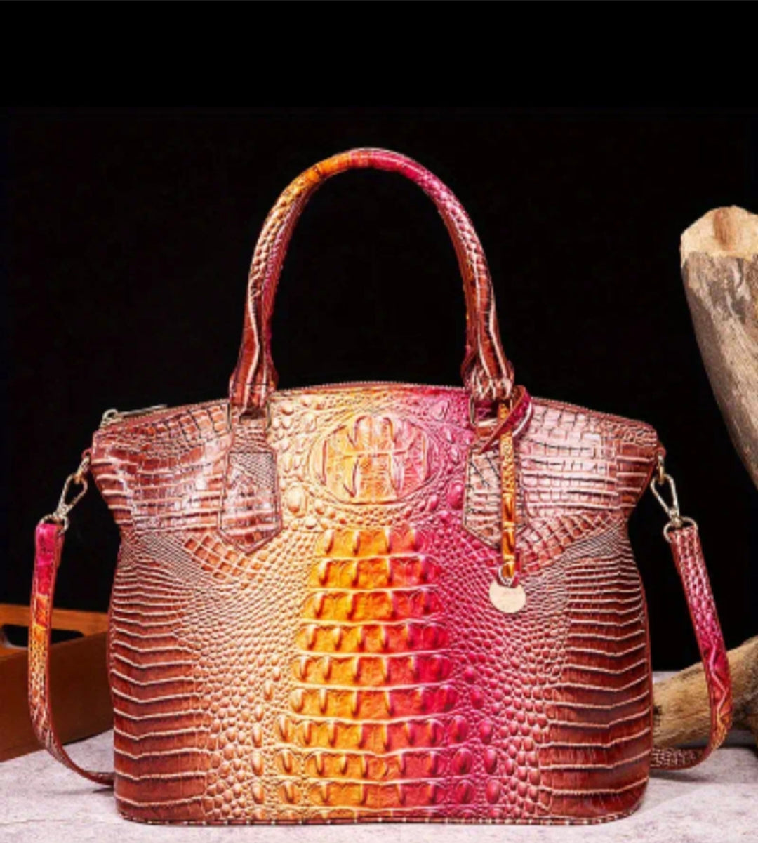 Brown/Yellow/Pink Crocodile Purse