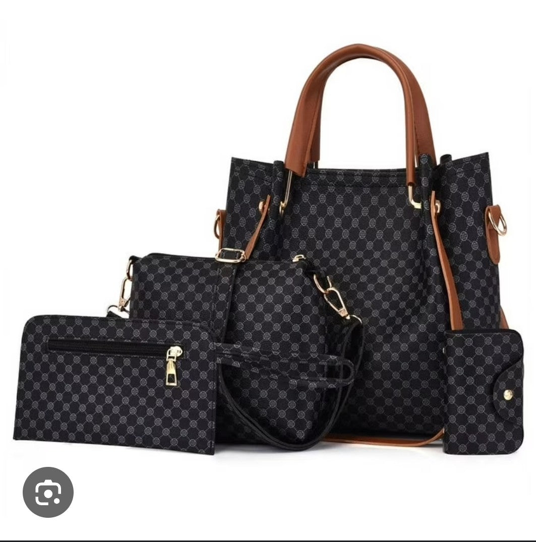 4 Piece Black Printed Purse Set