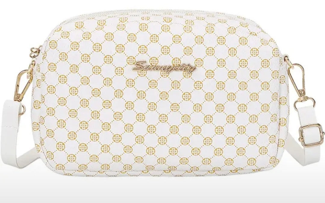 White/Tan Printed Makeup Bag